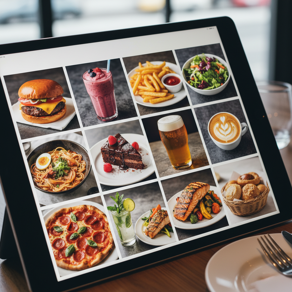 Close-up of an iPad screen showing a vibrant digital menu created with HA Kiosk.