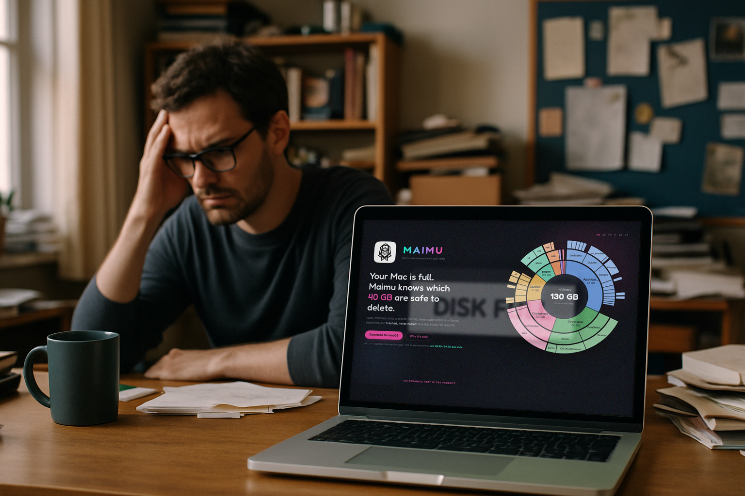 A developer sitting at a desk with a MacBook, looking frustrated at a "Disk Full" notification while a coffee mug sits nearby.