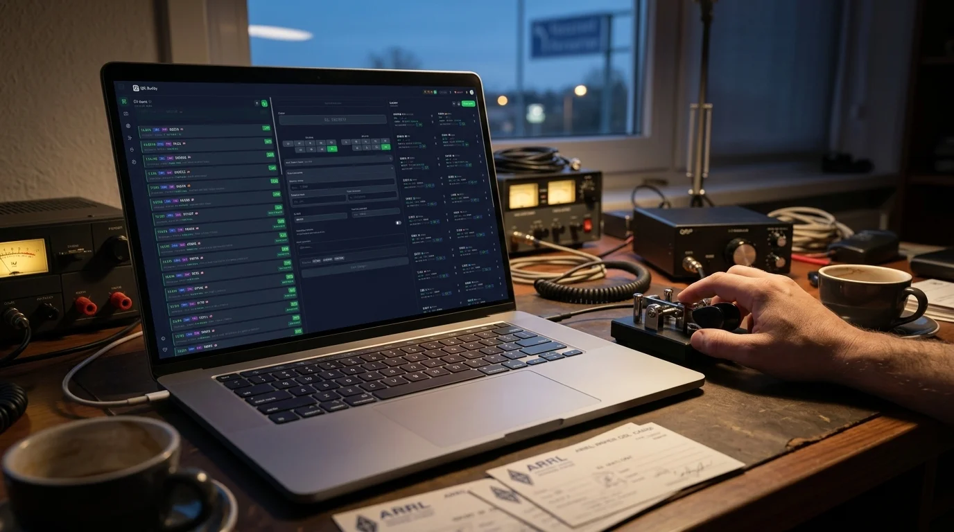 a hand resting on a morse-style paddle beside a laptop keyboard on a cluttered desk, late evening, coffee cup half empty, shallow depth of field, no readable text or screens