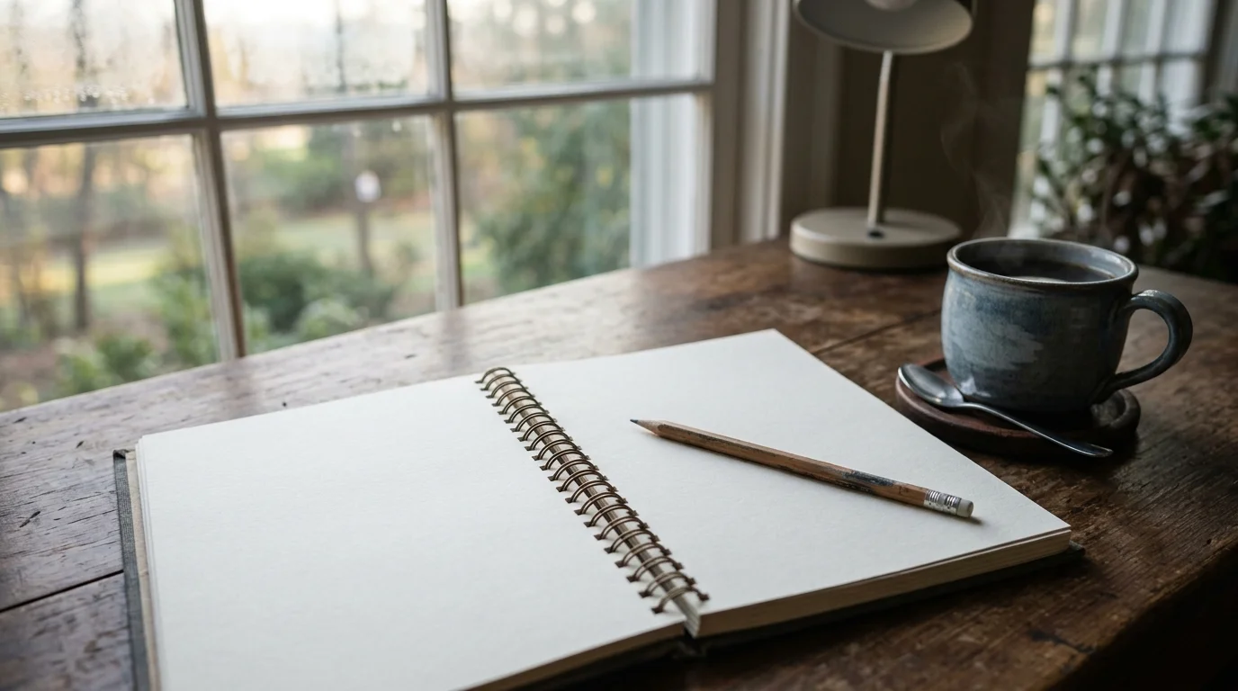 an open paper contest logbook on a desk beside a mug of coffee, pencil across the page, early morning light through a window, no visible text on the page