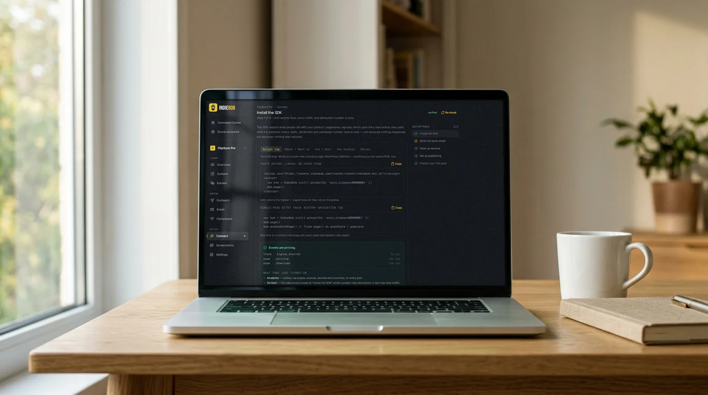 The Connect step, open at Install the SDK, with the first events arriving