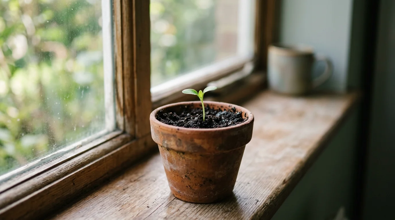 a single green seedling in dark soil in a small terracotta pot on a windowsill, soft morning light from the side, quiet and understated, photographic, shallow depth of field, no text or lettering anywhere in the image