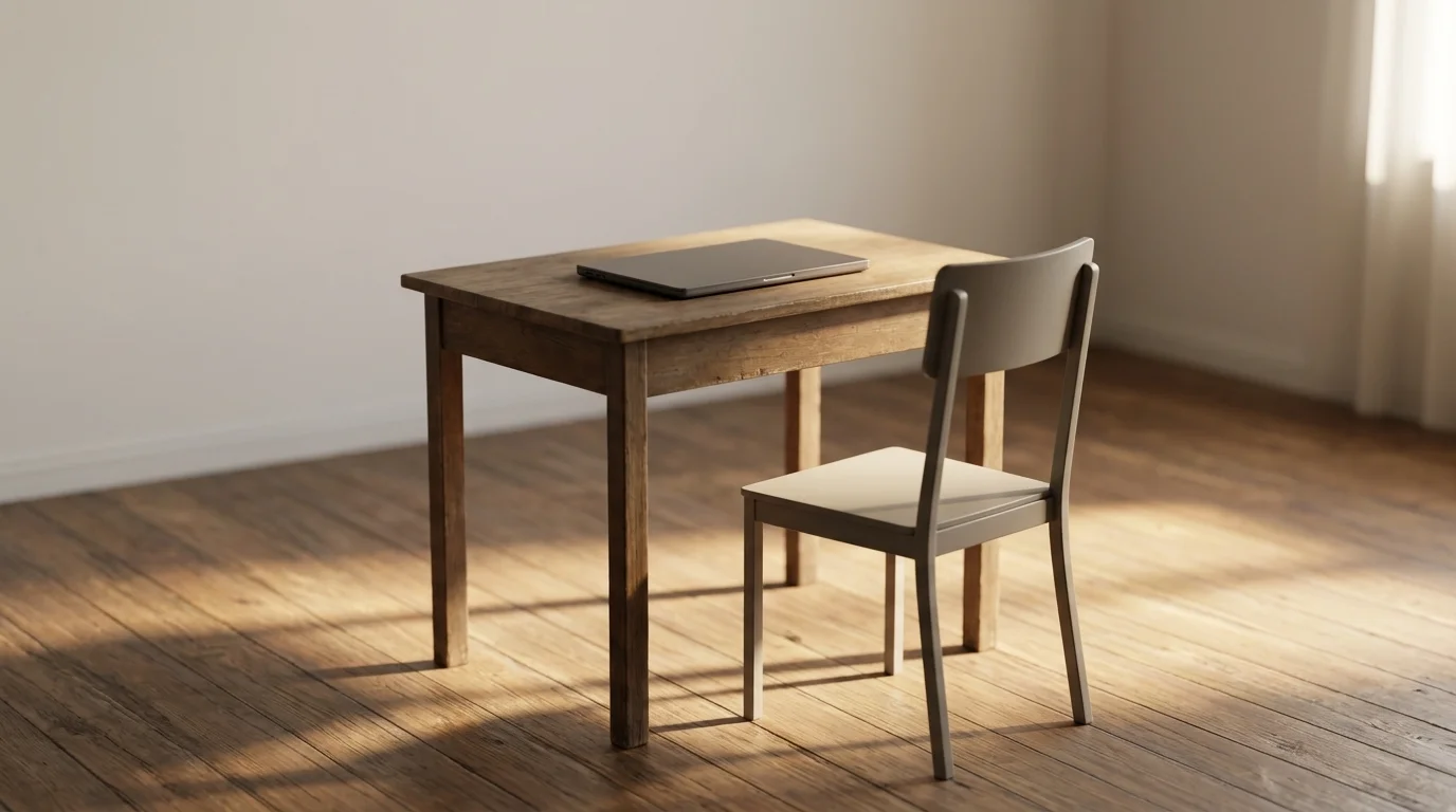 an empty single chair at a small desk in a plain room, morning light falling across the floor, the desk bare except for a closed laptop, quiet and still, photographic, shallow depth of field, no text or lettering anywhere in the image