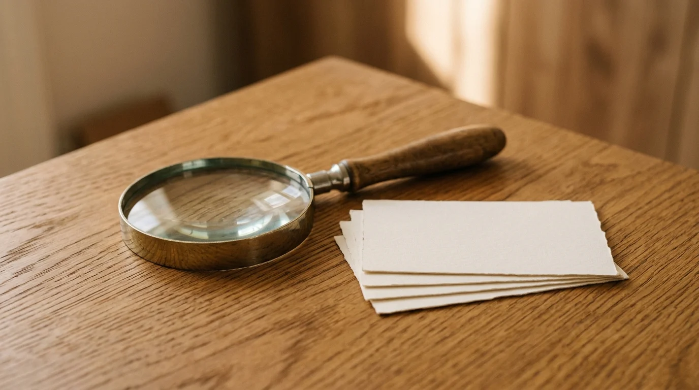 a magnifying glass resting on a plain wooden surface beside a small stack of index cards, warm directional light, minimal and calm composition, photographic, shallow depth of field, no readable text or lettering anywhere in the image