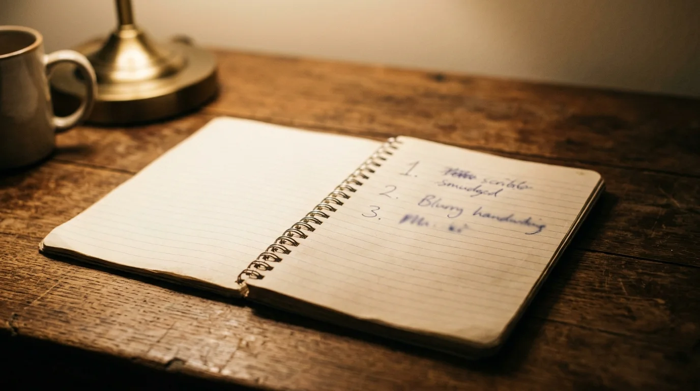 an open notebook on a wooden desk with a hand-drawn ordered list, three items, the handwriting soft and out of focus so no word is readable, warm lamplight from the side, photographic, shallow depth of field, no legible text anywhere in the image