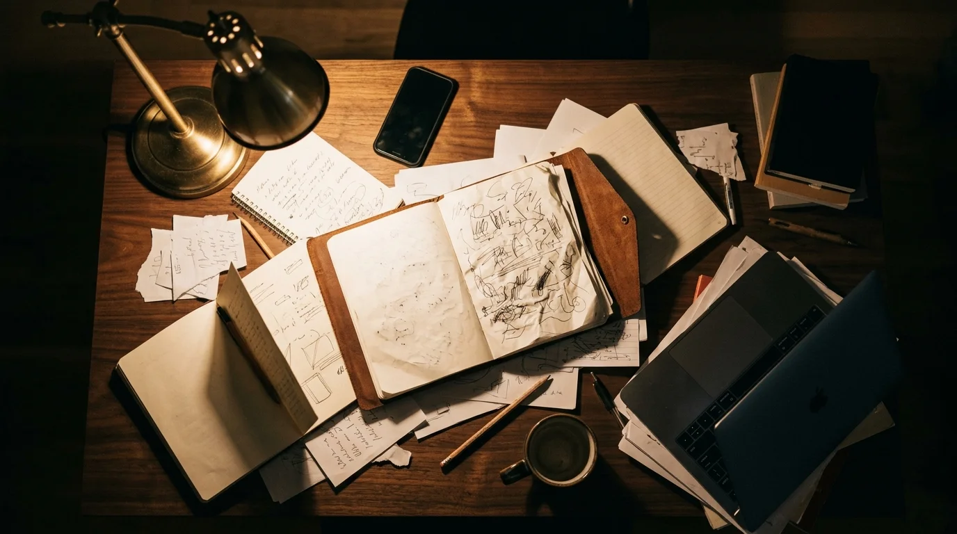 a desk at night from directly above, several open notebooks and loose paper scattered across it at odd angles, a phone face down, a laptop half-buried at the edge with its screen turned away and not legible, one warm lamp raking across the mess, photographic, shallow depth of field, no text or lettering anywhere in the image