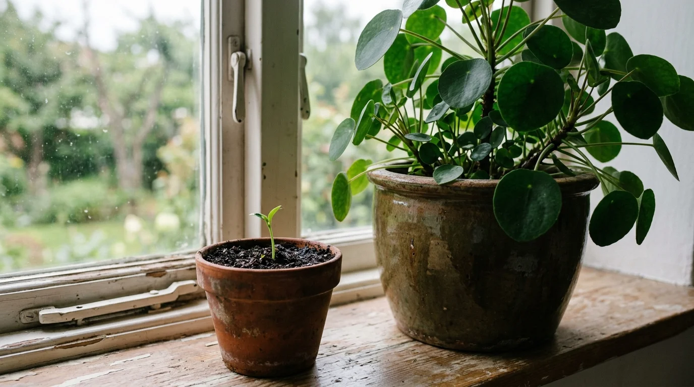 a single green shoot growing from dark soil beside a much larger established plant, both in plain pots on a windowsill, soft daylight from the side, photographic, shallow depth of field, no text or lettering anywhere in the image