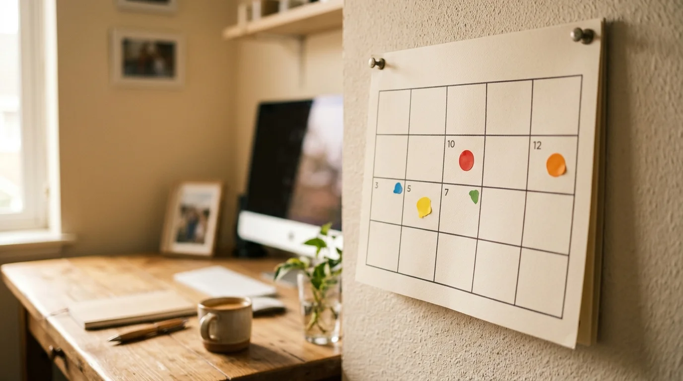 a two-week wall calendar page pinned above a desk with several days marked by small coloured stickers, seen slightly from the side in warm afternoon light, photographic, shallow depth of field, no readable text, numbers or lettering anywhere in the image