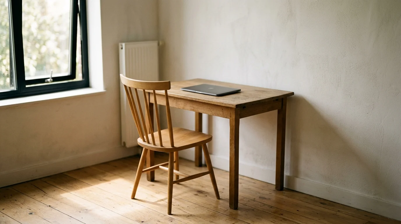 an empty single chair at a small desk in a plain room, morning light falling across the floor, the desk bare except for a closed laptop, quiet and still, photographic, shallow depth of field, no text or lettering anywhere in the image