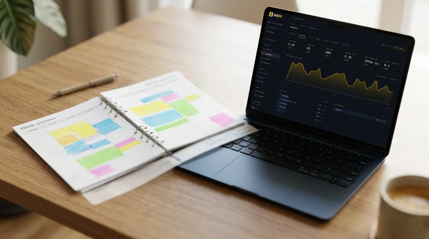 a week planner page open on a wooden desk beside a pen and a laptop, blocks of colour marked across the week in highlighter, the laptop screen angled away and not legible, morning daylight from the side, photographic, shallow depth of field, no readable text or lettering anywhere in the image