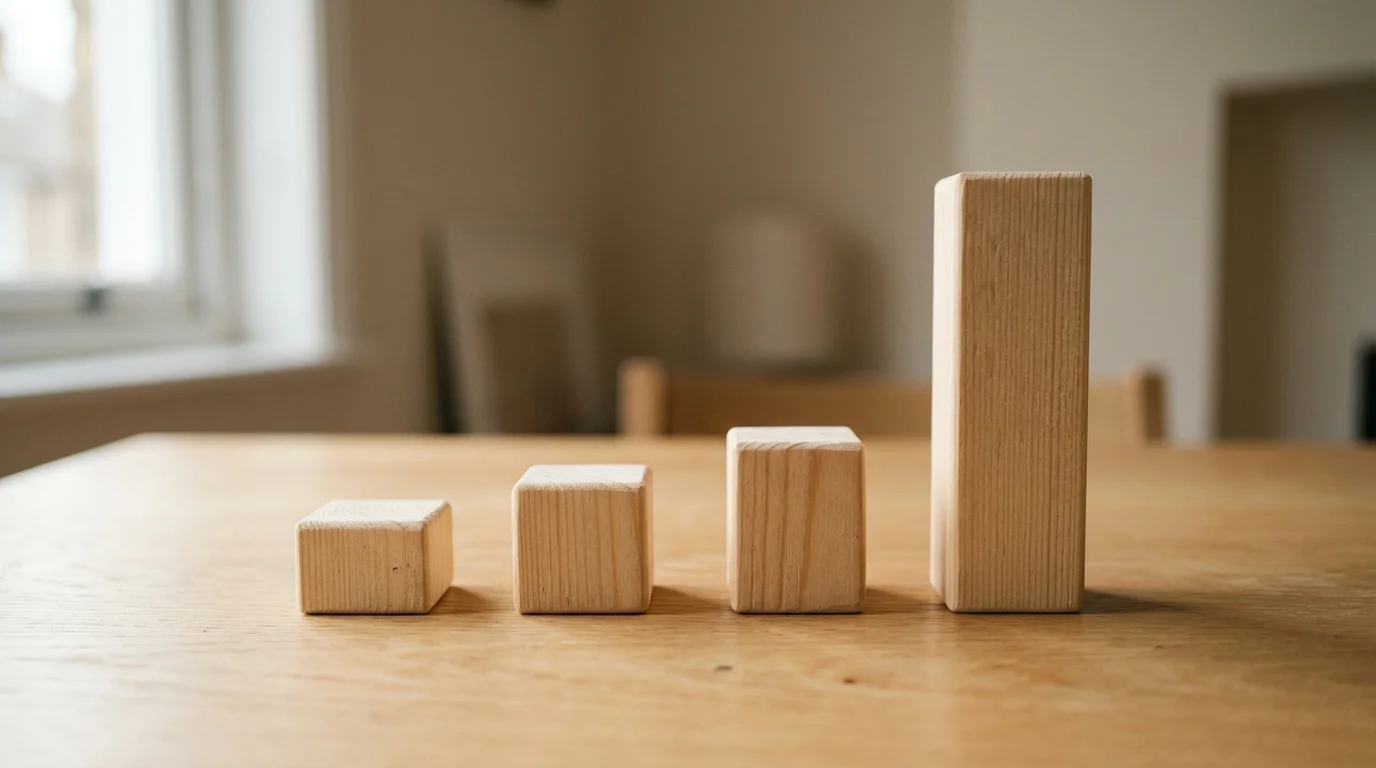 four small wooden blocks of different heights arranged on a plain desk surface in soft directional light, one clearly taller than the rest, shallow depth of field, minimal and calm, photographic, no text or lettering anywhere in the image