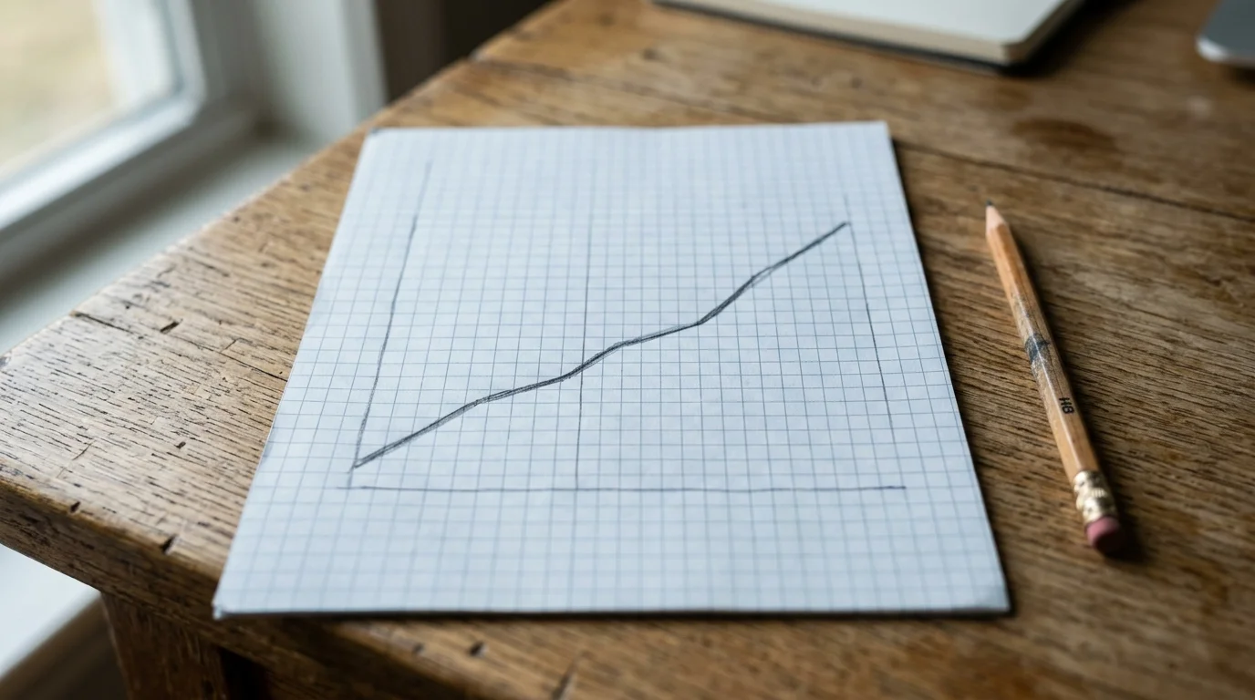 a simple line chart drawn by hand in pencil on graph paper, the line rising gently from left to right, the paper resting on a wooden desk beside a pencil, soft daylight, photographic, shallow depth of field, no numbers, labels or lettering anywhere in the image