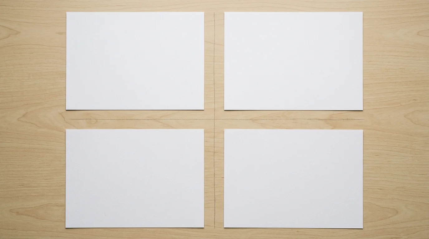four sheets of paper laid out in a neat grid on a plain desk, faint pencil lines connecting them drawn on the surface between, overhead view, soft even light, photographic, no readable text or lettering anywhere in the image