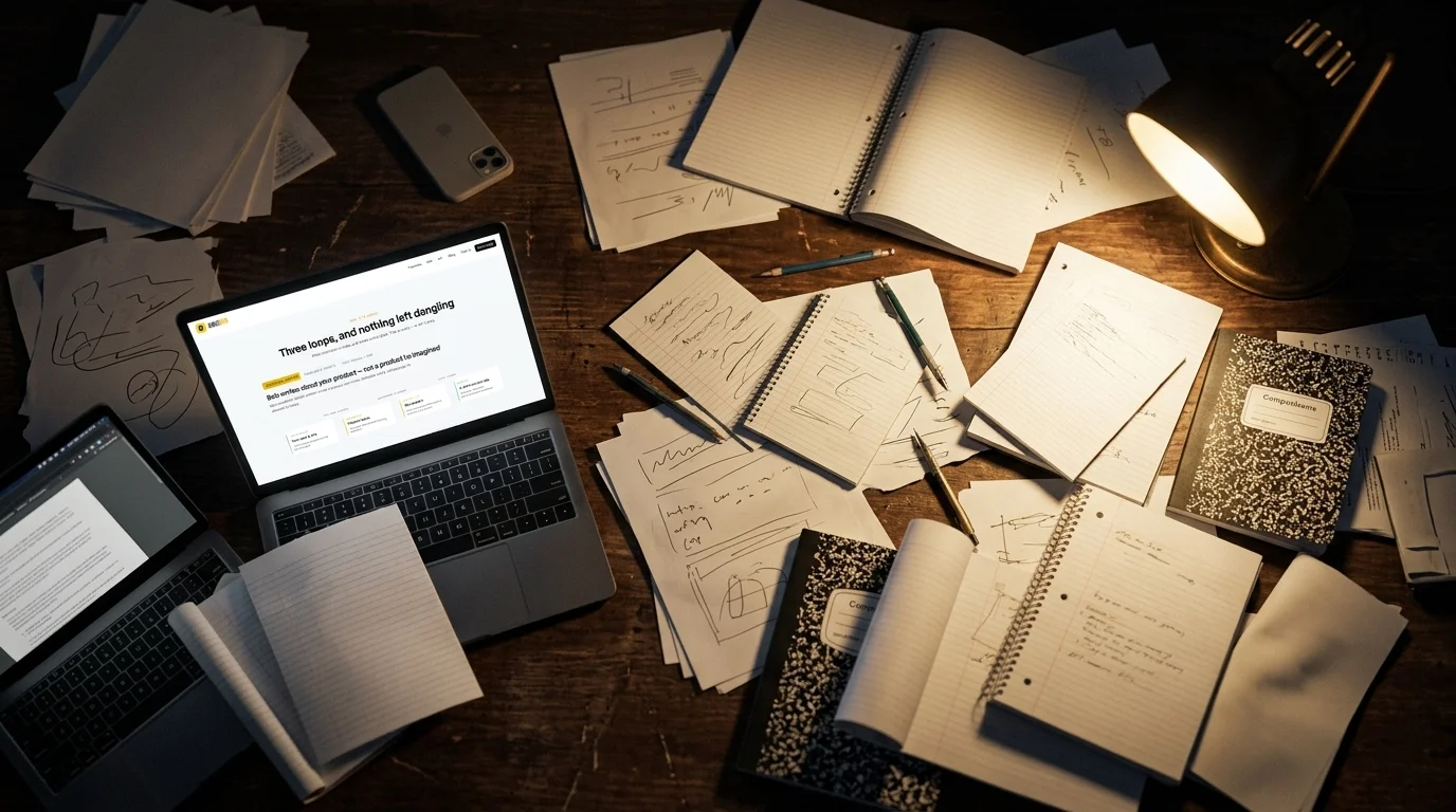 a desk at night from directly above, several open notebooks and loose paper scattered across it at odd angles, a phone face down, a laptop half-buried at the edge with its screen turned away and not legible, one warm lamp raking across the mess, photographic, shallow depth of field, no text or lettering anywhere in the image