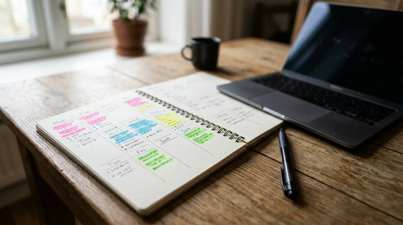 a week planner page open on a wooden desk beside a pen and a laptop, blocks of colour marked across the week in highlighter, the laptop screen angled away and not legible, morning daylight from the side, photographic, shallow depth of field, no readable text or lettering anywhere in the image
