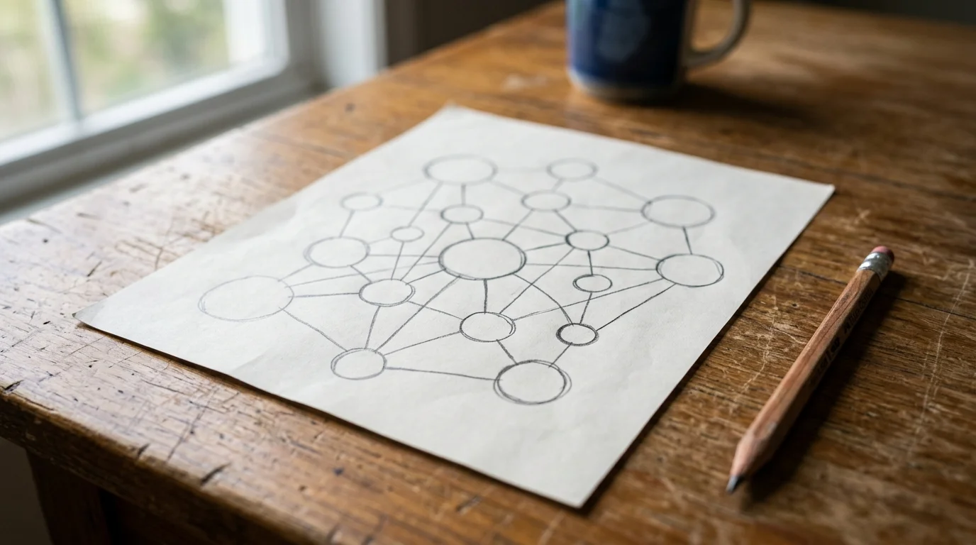a hand-drawn diagram in pencil on plain paper showing several circles connected by lines, resting on a wooden desk beside a pencil, soft daylight, photographic, shallow depth of field, no readable text, labels or lettering anywhere in the image