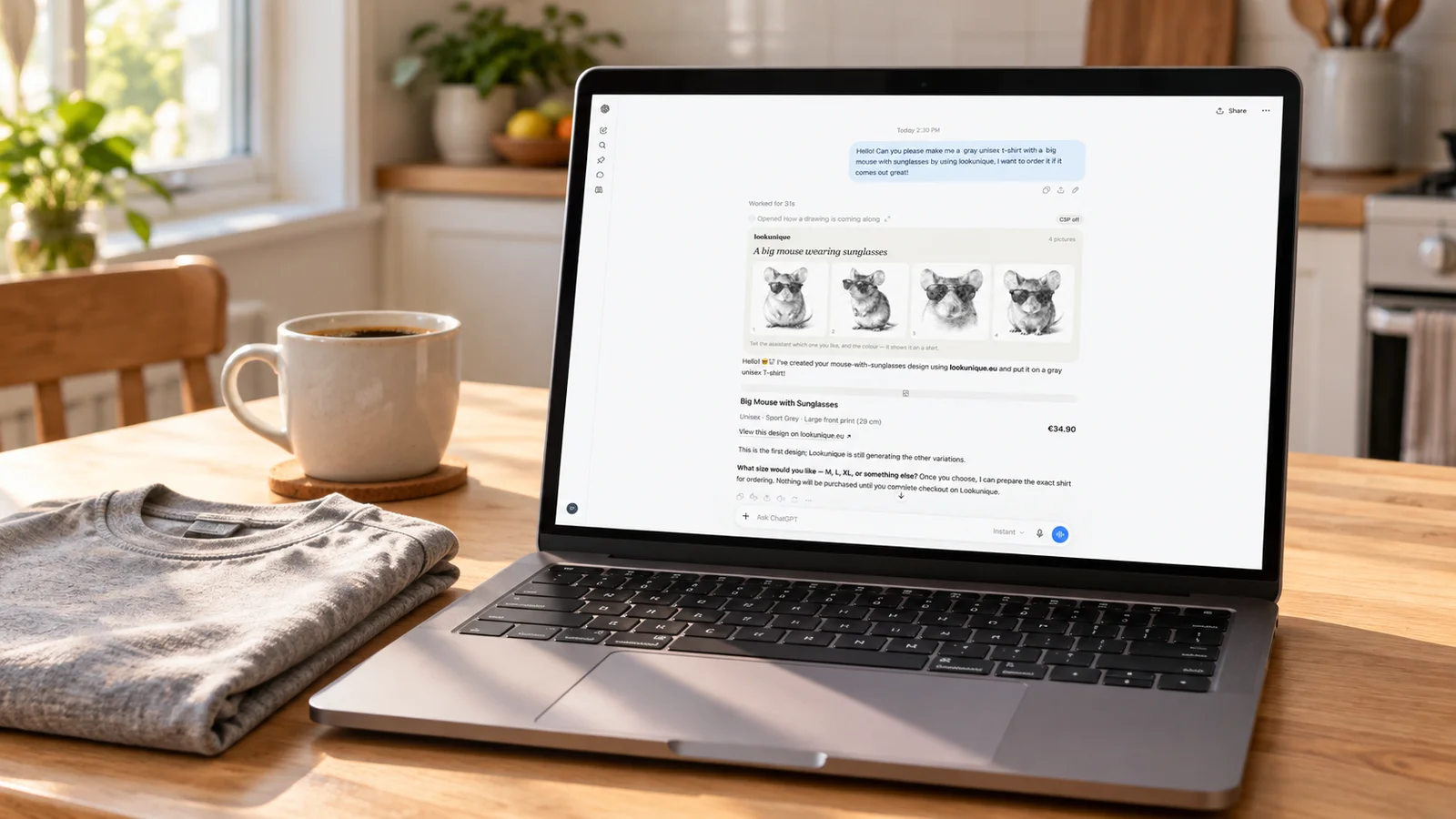 A ChatGPT conversation ordering a lookunique shirt, on a laptop beside a folded grey t-shirt