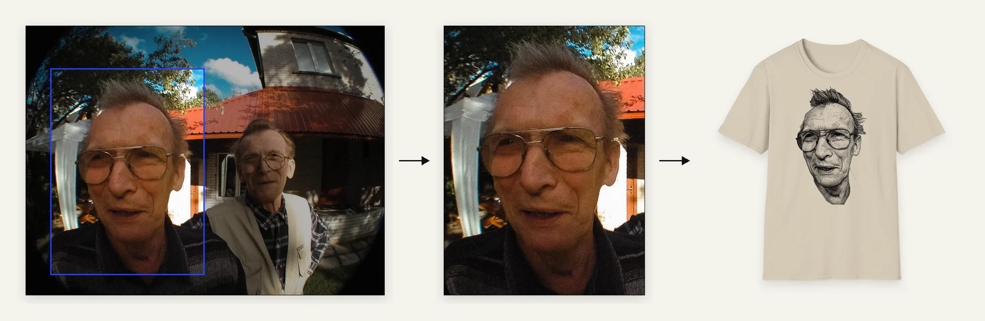 the old fisheye photo with Harry's crop framed, the crop of 690 by 924 pixels, and the shirt with Harry drawn in ink dots