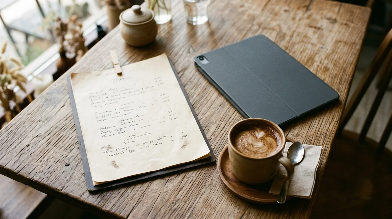 a handwritten paper menu lying on a wooden cafe table next to a closed tablet and a cup of coffee, morning light, overhead angle, photographic, shallow depth of field, no legible text or lettering anywhere in the image