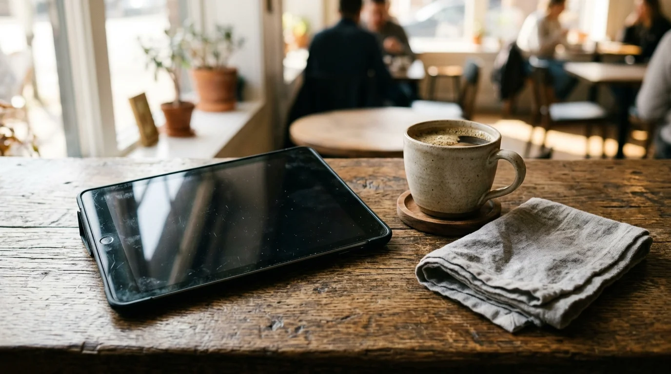 a used tablet lying on a wooden cafe counter beside a cup and a folded cloth, the screen dark and reflecting the window light, morning sun, photographic, shallow depth of field, no text or lettering anywhere in the image