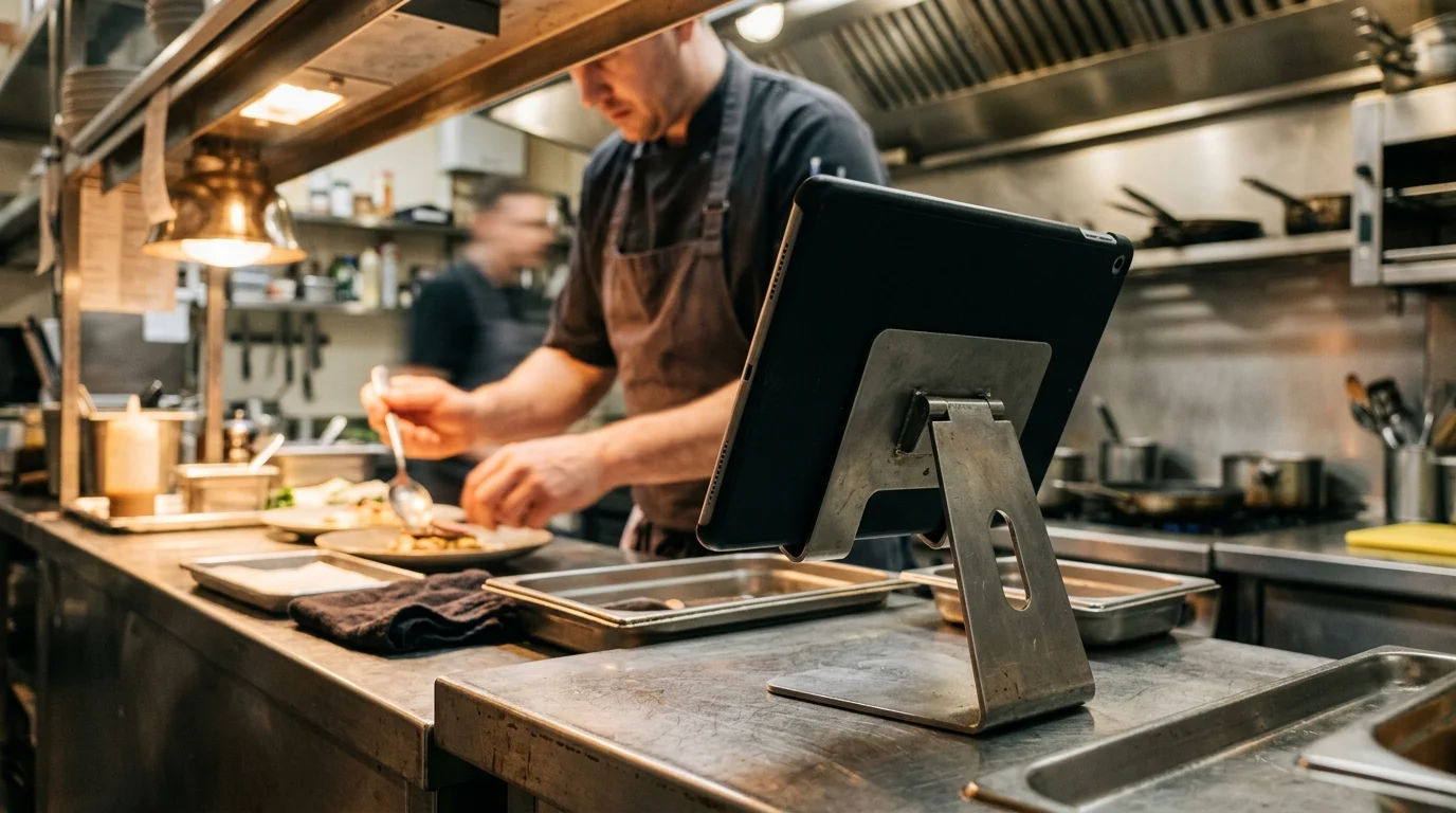 a tablet on a metal stand at a restaurant kitchen pass, seen from the side and slightly behind so the screen is not readable, stainless steel surfaces, warm overhead light, a chef's hands working out of focus in the background, photographic, no text or lettering anywhere in the image