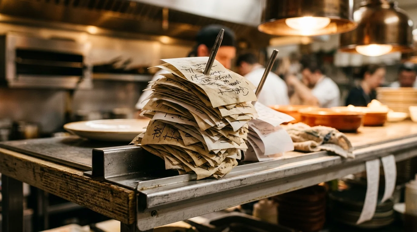 a stack of handwritten paper order tickets spiked on a metal ticket rail at a kitchen pass, warm light, close crop, photographic, shallow depth of field, no legible writing