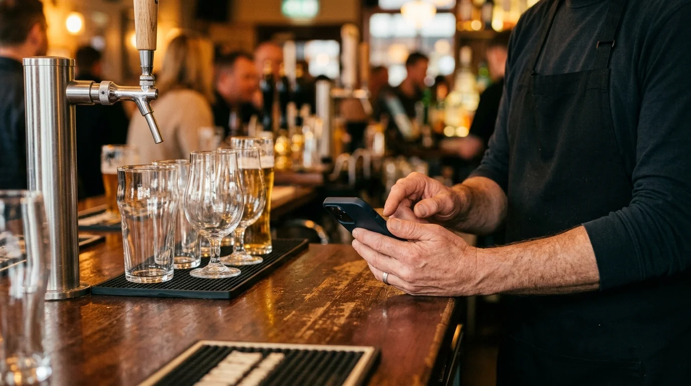 a bartender's hands holding a phone at the end of a bar counter, the phone screen turned away from the camera and not legible, taps and a row of glasses beside them, warm evening light, photographic, shallow depth of field, no text or lettering anywhere in the image