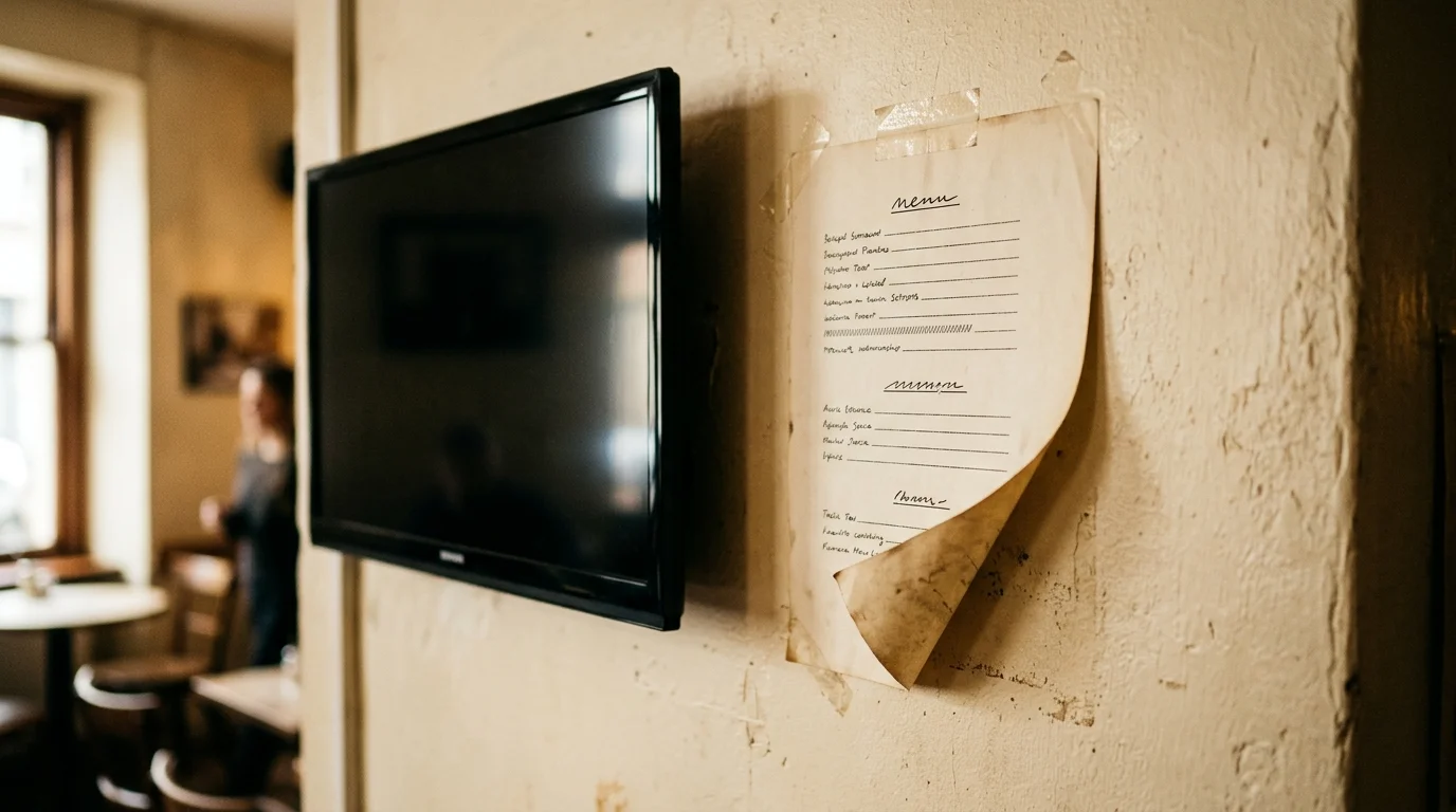 a printed paper menu curling at the corner, taped to the wall of a small cafe beside an empty dark television screen, morning light, photographic, shallow depth of field, no legible text or lettering