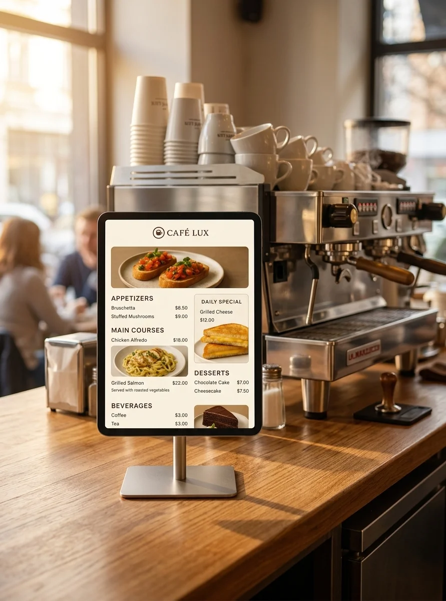 stand this exact tablet upright on a slim stand on a wooden cafe counter, espresso machine and a stack of cups behind it, warm morning daylight from the side, photographic; keep the screen content exactly as it is, fully legible and unaltered — do not redraw, restyle or add anything to the screen