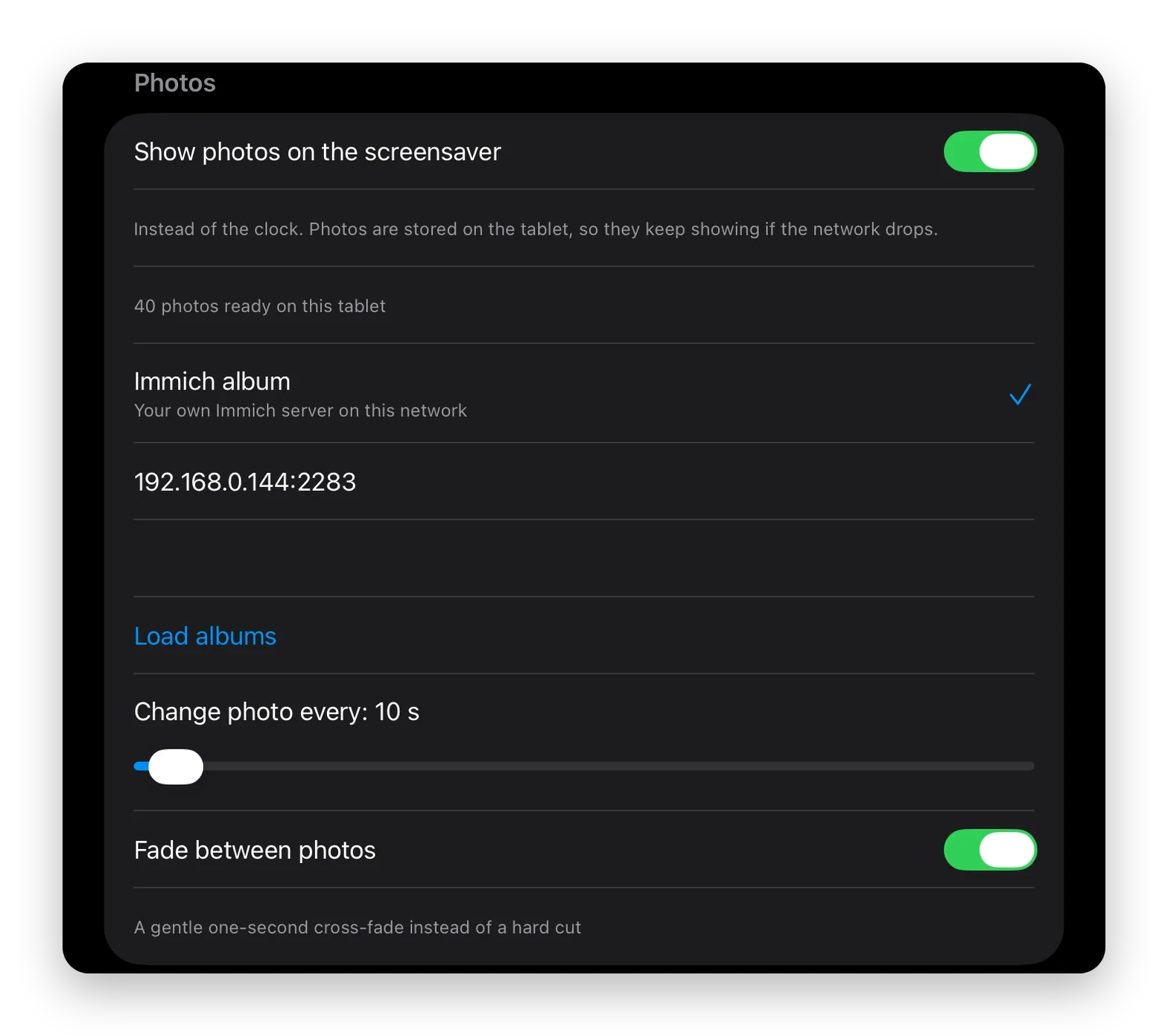 HAkiosk Settings, Photos section on an iPad mini: Show photos on the screensaver on, 40 photos ready on this tablet, the Immich album and address, Change photo every 10 s, Fade between photos on
