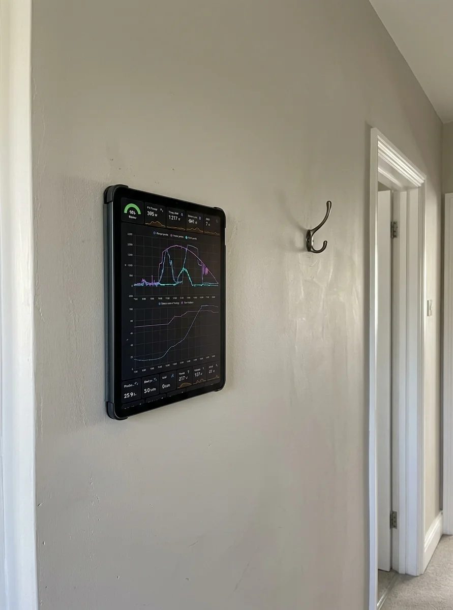 The tablet mounted flat on a plain plastered hallway wall at eye height, a coat hook and a doorway visible to one side, soft daylight from the left