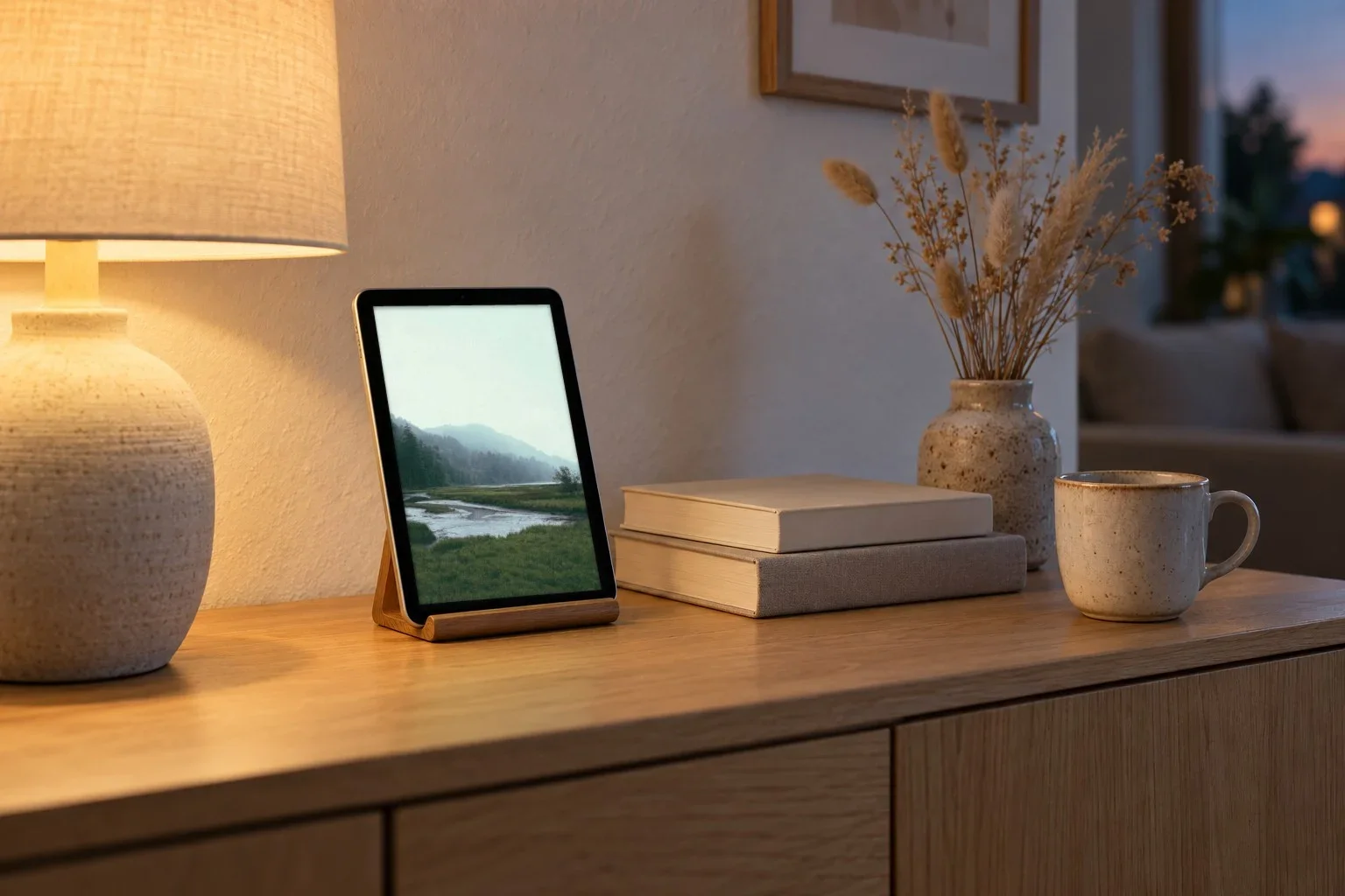 An iPad mini on a small wooden stand on a living-room sideboard in the evening, showing a misty river photo from the photo screensaver