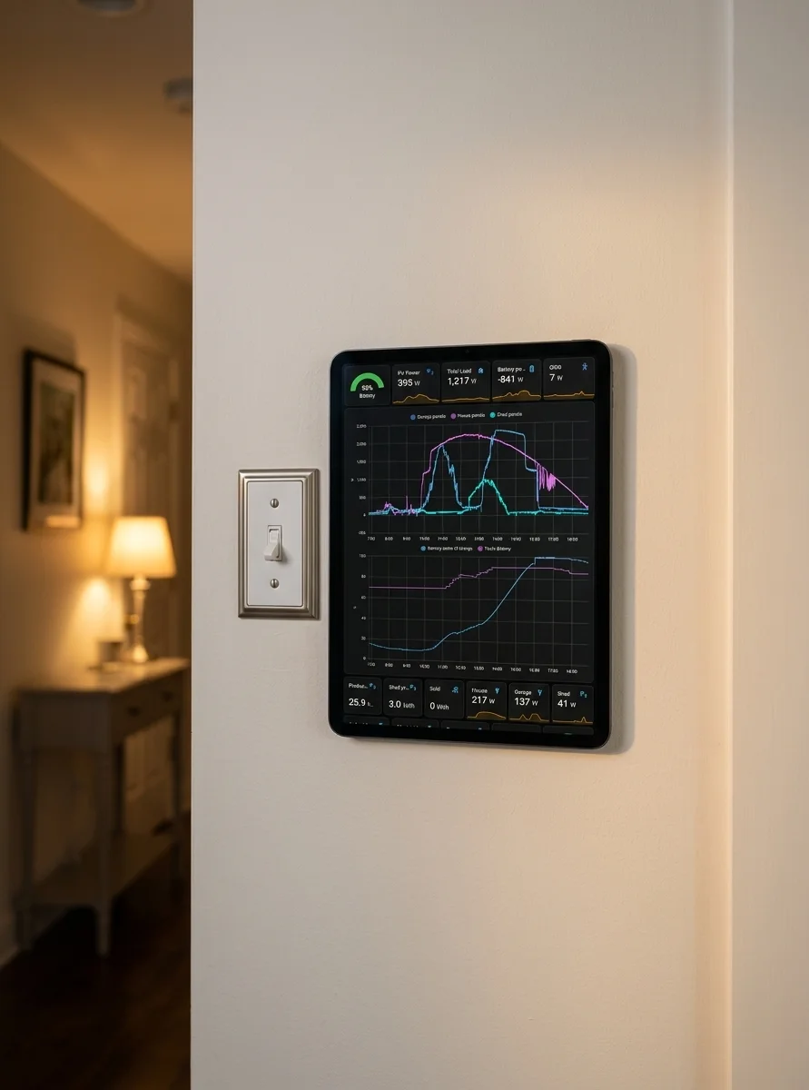 the tablet mounted flat on a hallway wall at eye level beside a light switch, seen straight on from a step back, warm evening light from a nearby lamp, plain painted wall