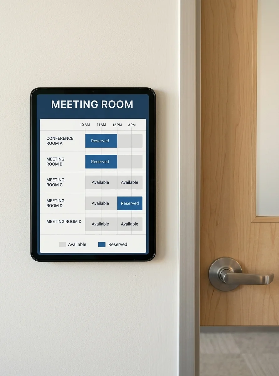 the tablet mounted flat on a light painted wall immediately beside a meeting-room door, seen straight on from a step back, warm office daylight, a door handle and frame visible at the edge
