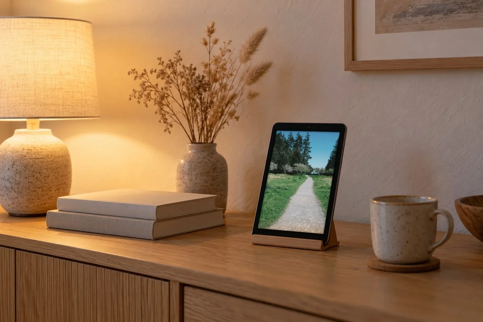 An iPad mini on a wooden stand on a living-room sideboard in the evening, showing a photo of a garden path from an Immich album