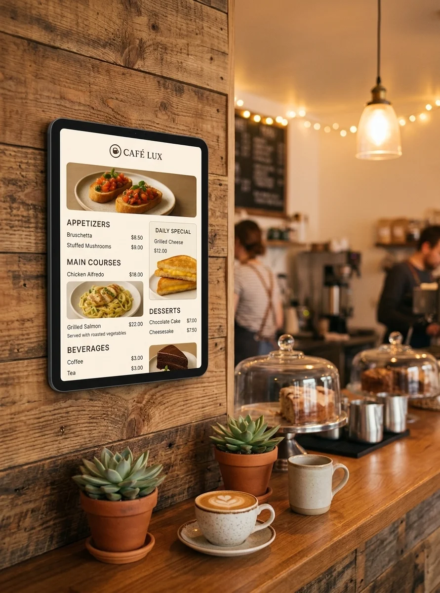the tablet mounted on a wooden wall beside a service counter in a small café, warm light, a couple of cups and a plant nearby, photographic, the screen content unchanged