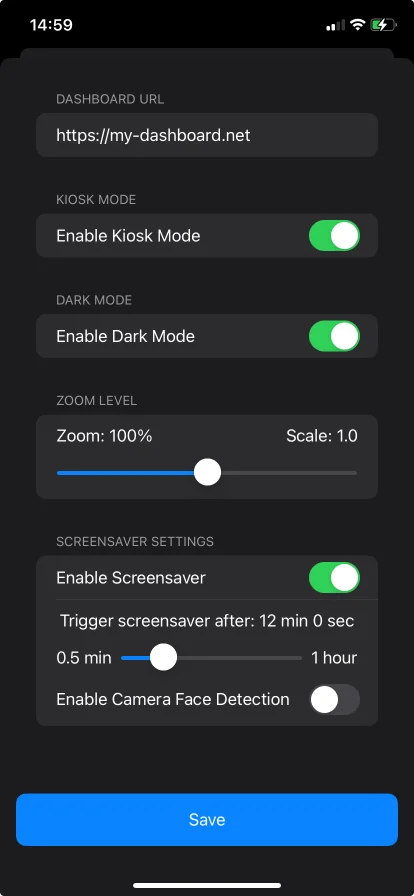 The settings screen. The dashboard URL is the one field you have to fill in; everything below it is optional.
