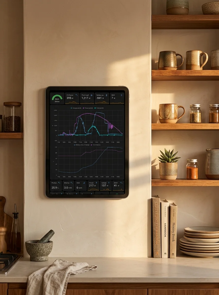 the tablet mounted flat on a kitchen wall beside open shelving, seen straight on from a step back, warm afternoon side light