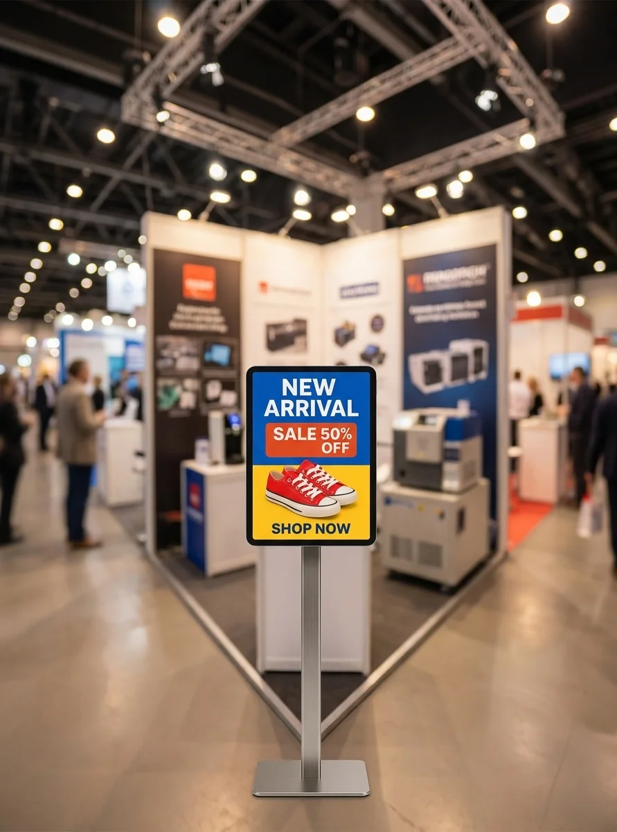the tablet mounted on a slim stand at the front corner of an exhibition booth, seen straight on from a step back, blurred show floor and booth lighting behind
