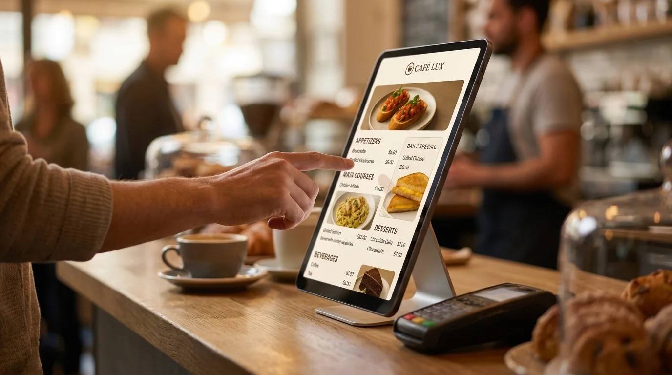 a customer's hand reaching toward a tablet standing on a busy cafe counter, photographed from the side at counter height so the screen is edge-on and nothing on it can be read, warm indoor light, coffee cups and a card reader nearby, photographic, shallow depth of field, no text or lettering anywhere in the image