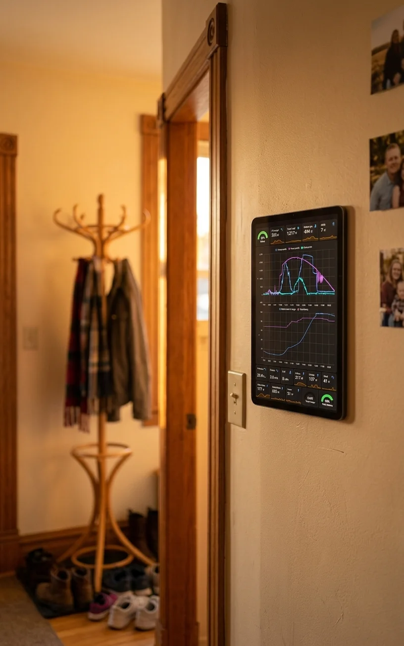 the tablet mounted flat on a hallway wall beside a doorway in a family home, warm evening light, a coat rack softly out of focus in the background