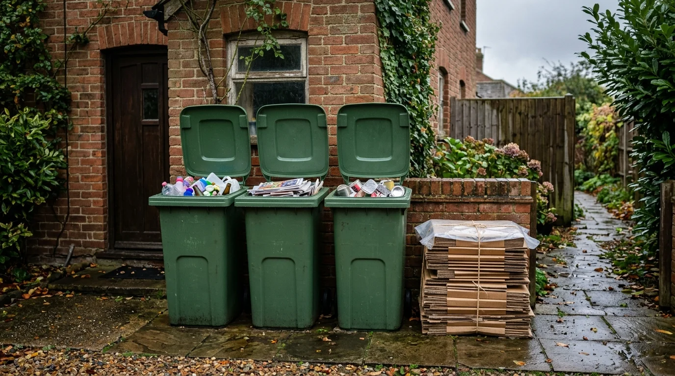 a domestic recycling area at the side of a house on a grey morning, three sorted bins with their lids open, cardboard flattened and stacked neatly beside them, damp pavement, photographic, shallow depth of field, no text or lettering anywhere in the image