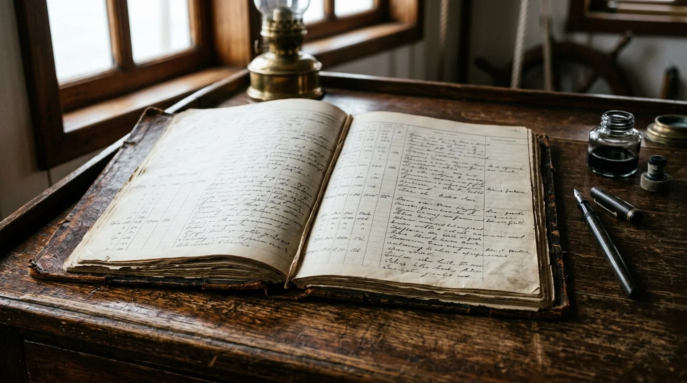 an open ship's logbook on a worn wooden desk beside a fountain pen, handwritten columns, soft window light from the left, photographic, close-up, no legible text or lettering anywhere in the image
